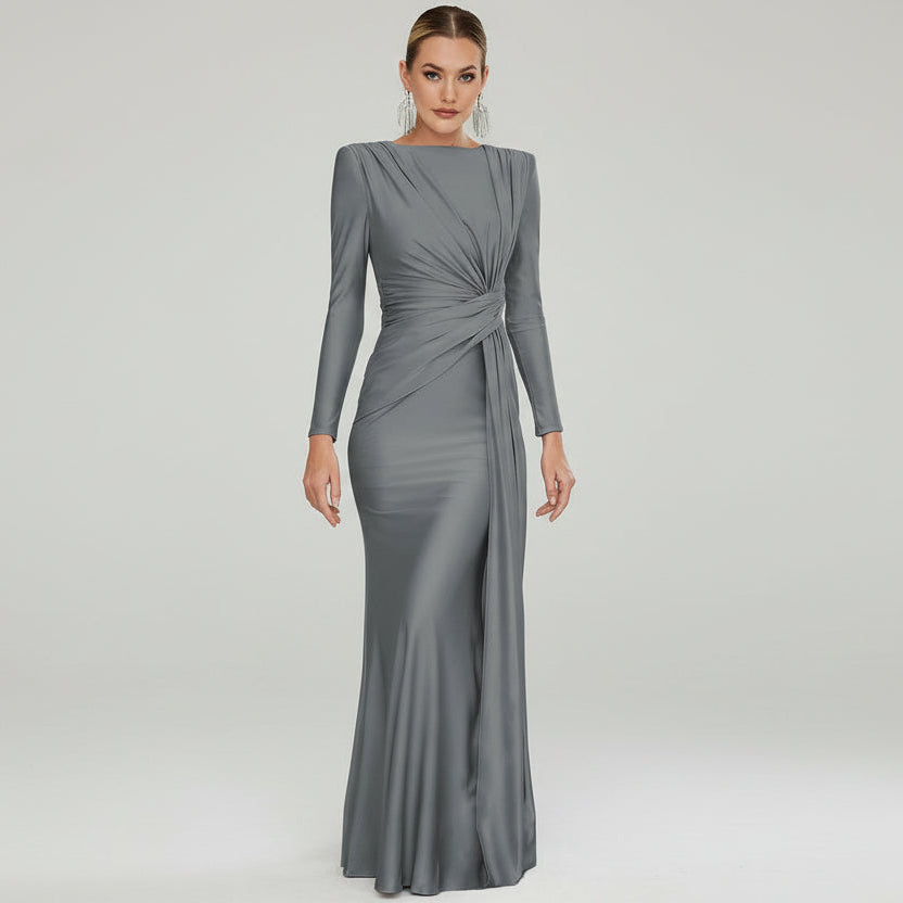 Noor Knot Waist Long Sleeve Maxi Dress - Grey