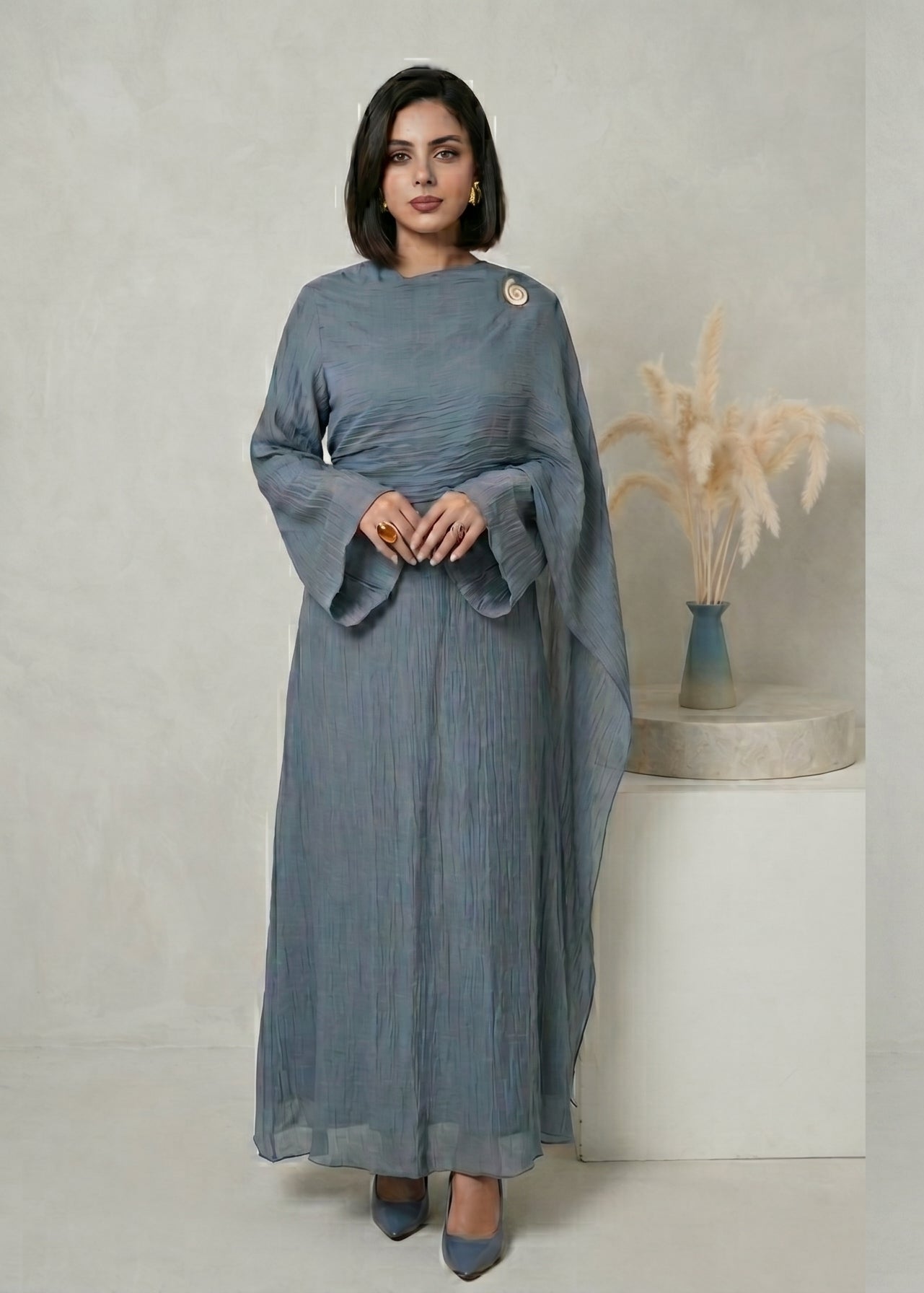 Aurelia Shawl Textured Overlay Modest Dress - Misty Blue