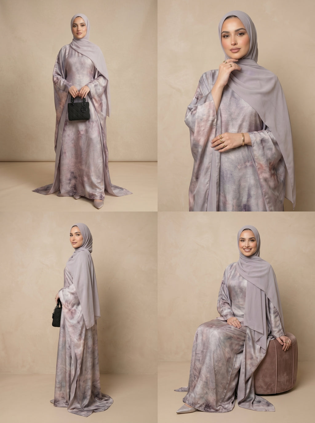 Woman modeling a floral abaya in multiple poses against a beige background
