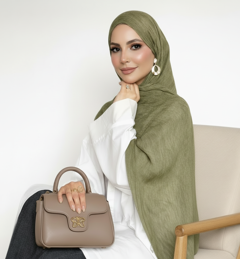 Textured Crinkle Hijab -  Olive Green