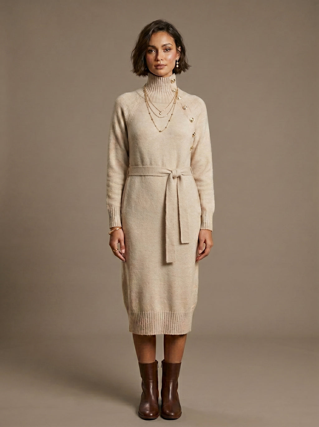 Aliyah Winter Knit Midi Dress  - Oatmeal