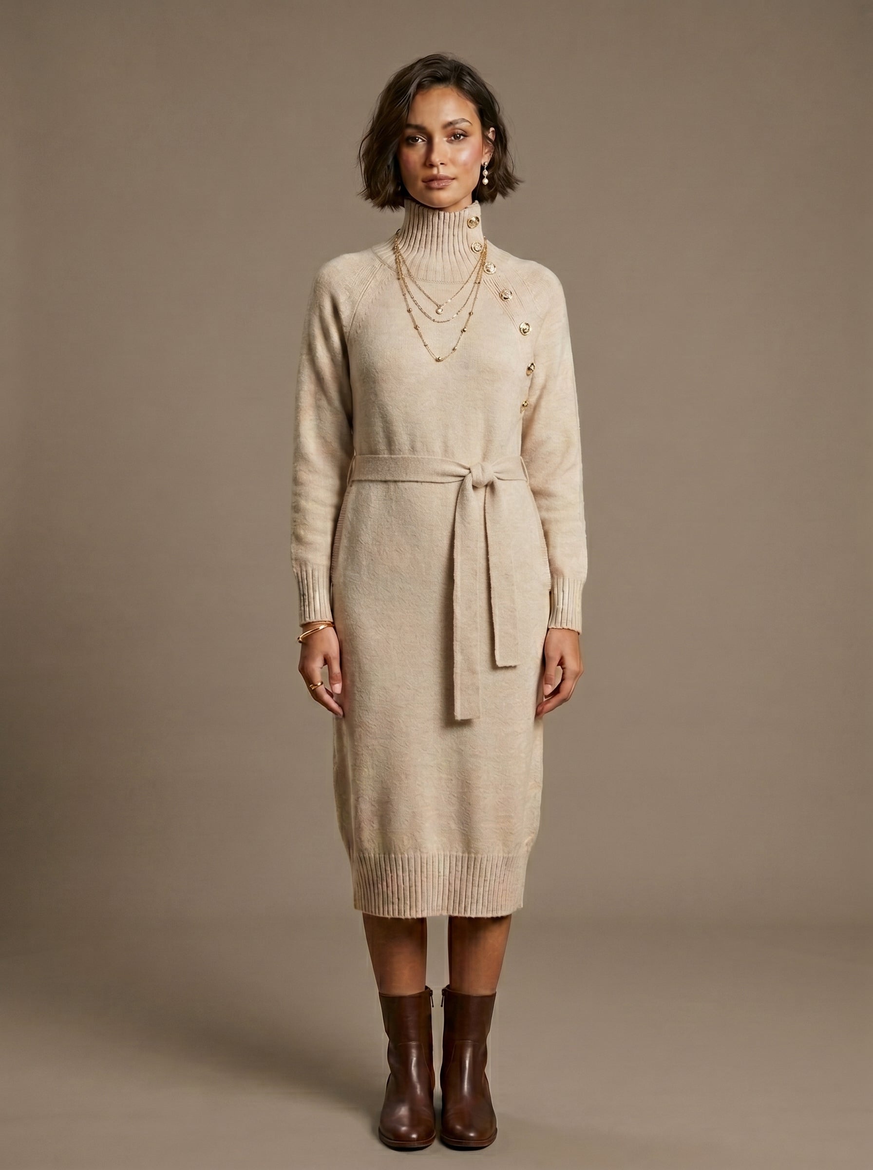 Aliyah Winter Knit Midi Dress  - Oatmeal