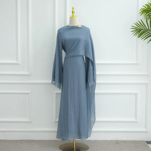 Aurelia Shawl Textured Overlay Modest Dress - Misty Blue