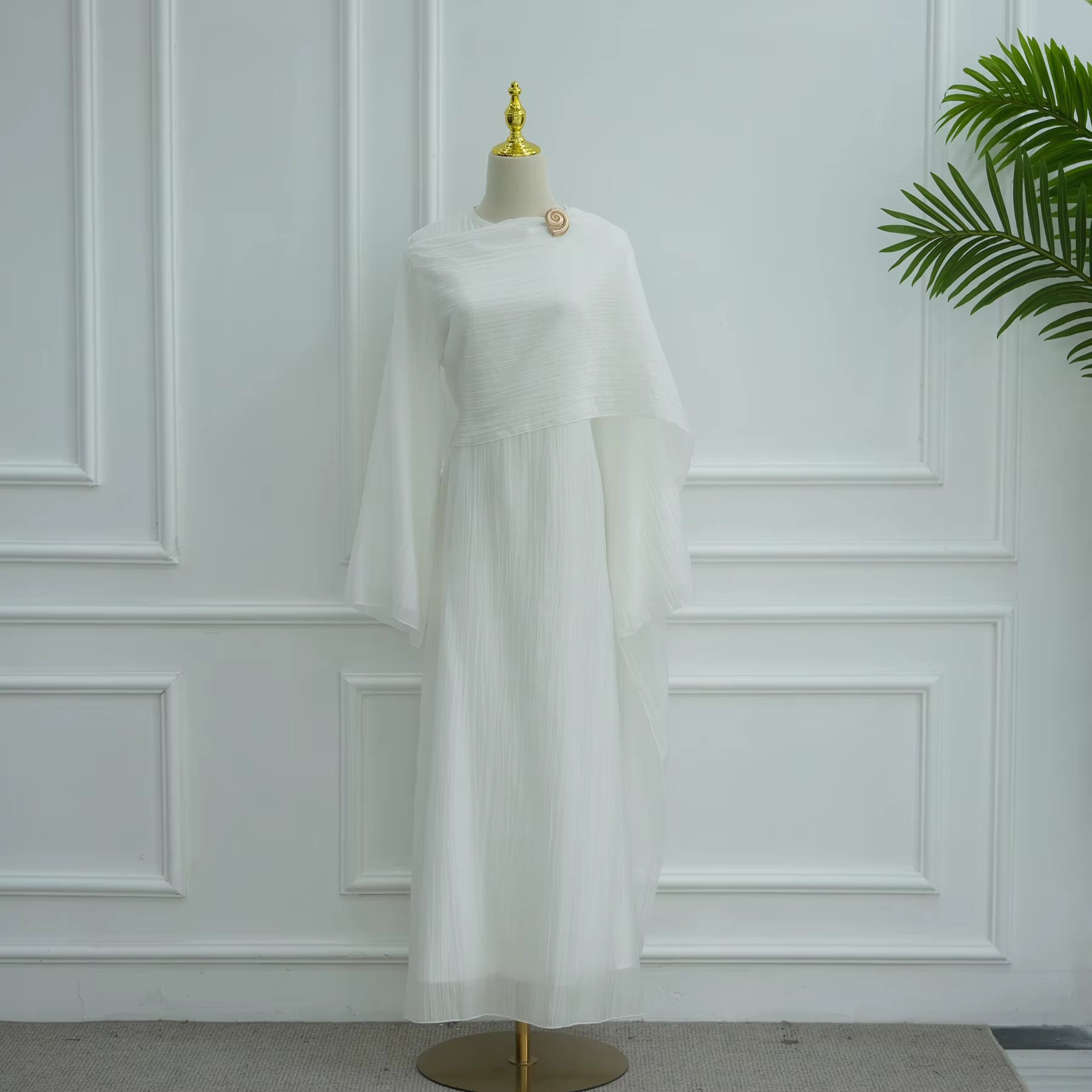 Aurelia Shawl Textured Overlay Modest Dress - White