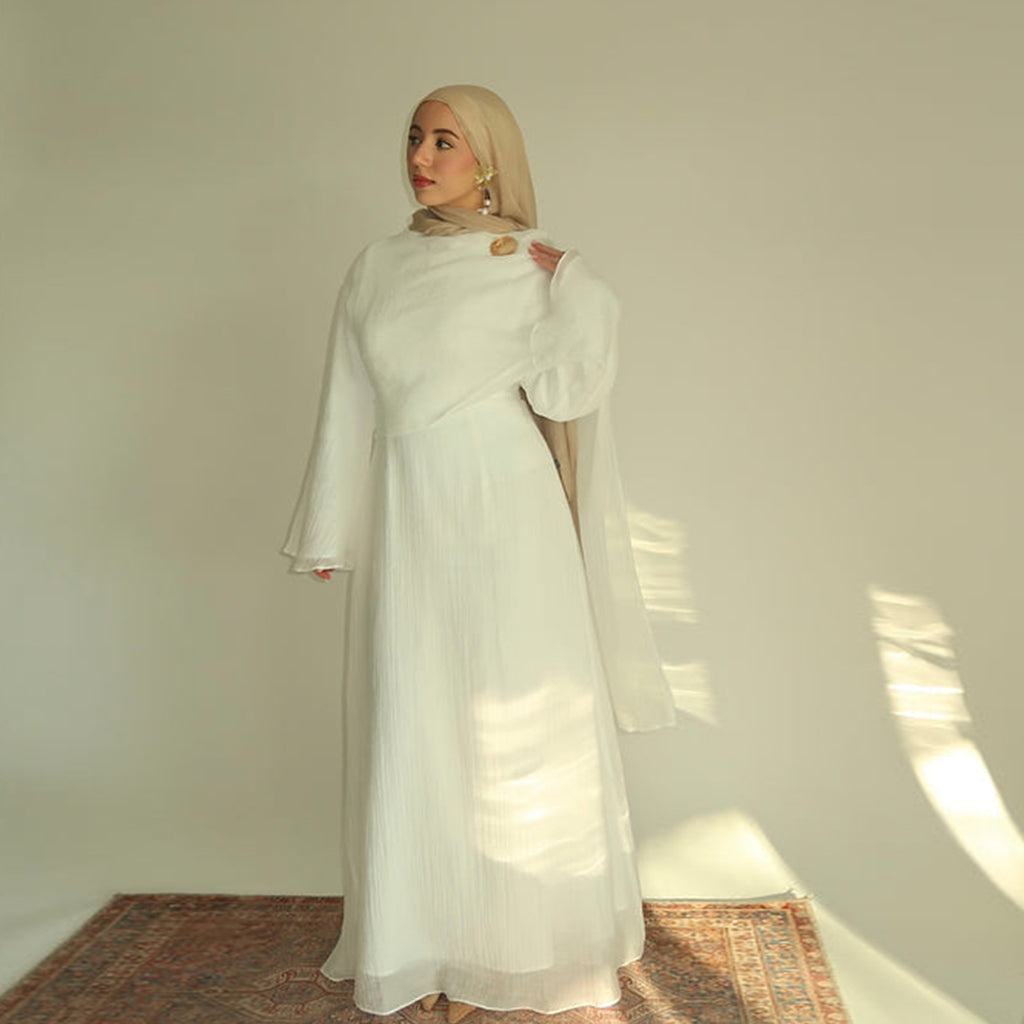 Aurelia Shawl Textured Overlay Modest Dress - White