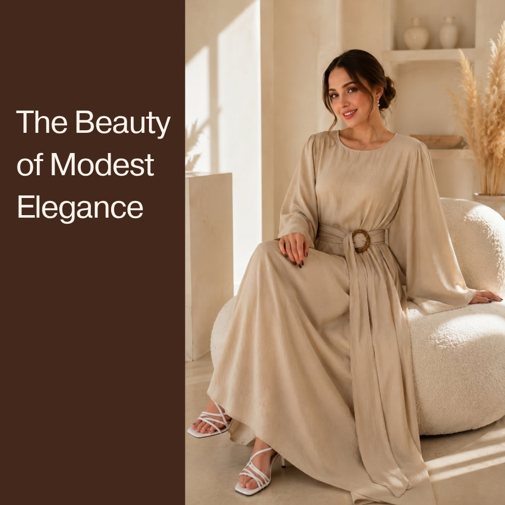Woman in a long, light-colored dress sitting on a couch with text 'The Beauty of Modest Elegance' on a brown background.