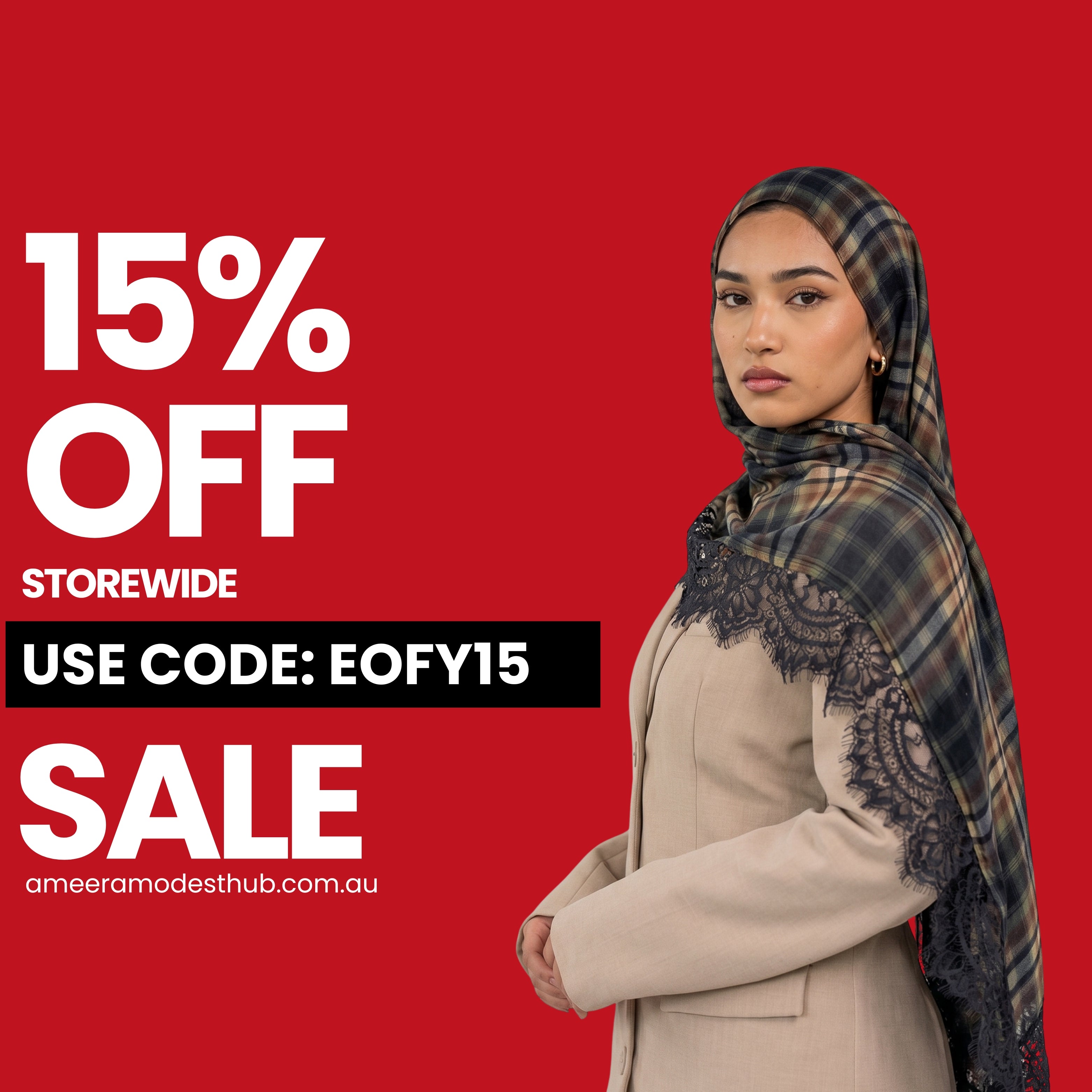 Promotional advertisement for Ameera Modest Hub with a woman wearing a hijab and sale text on a red background.