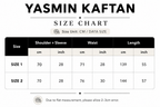 Yasmin Kaftan size chart with measurements in centimeters and inches.