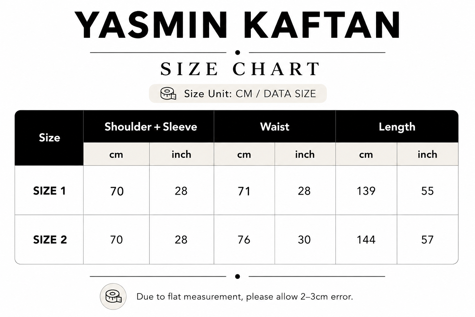 Yasmin Kaftan size chart with measurements in centimeters and inches.
