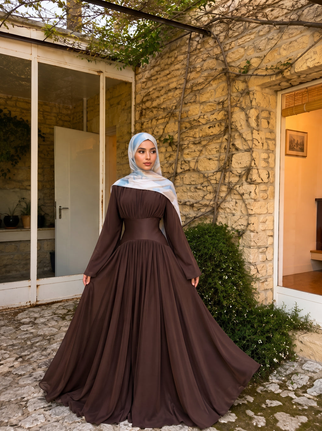 Amani Brown Pleated Corset Maxi Dress