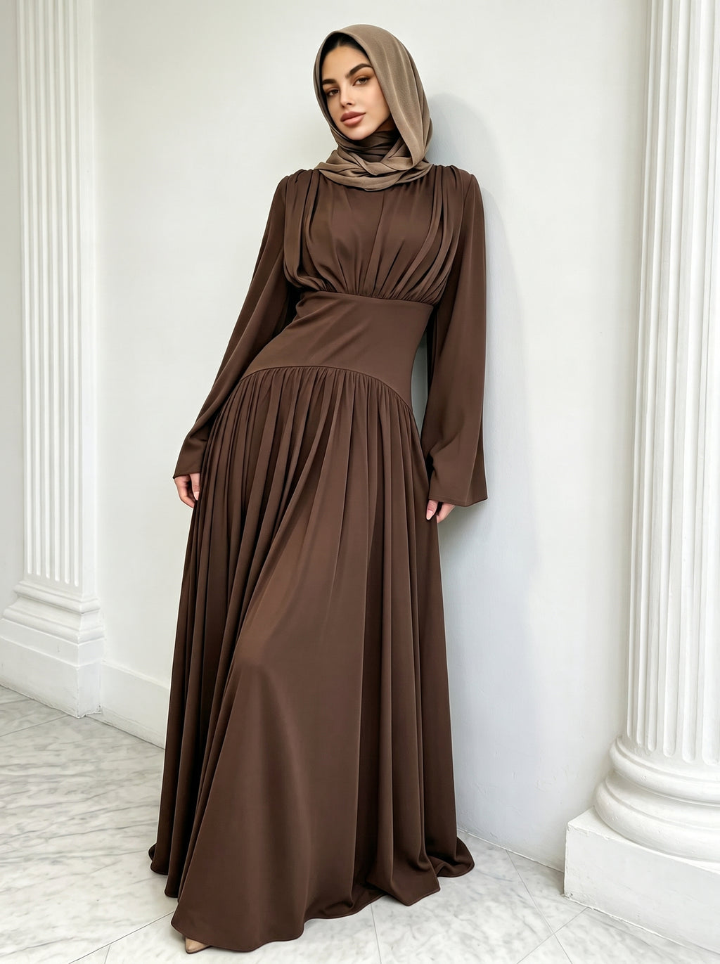 Amani Brown Pleated Corset Maxi Dress