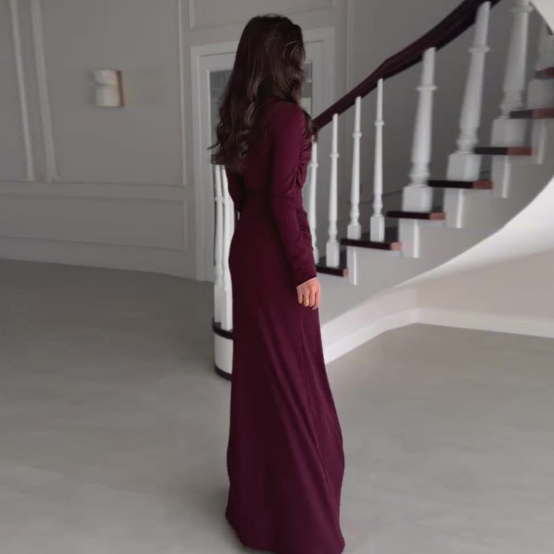 Naeera Ruched Cowl Neck Bodycon Maxi Dress - Burgundy