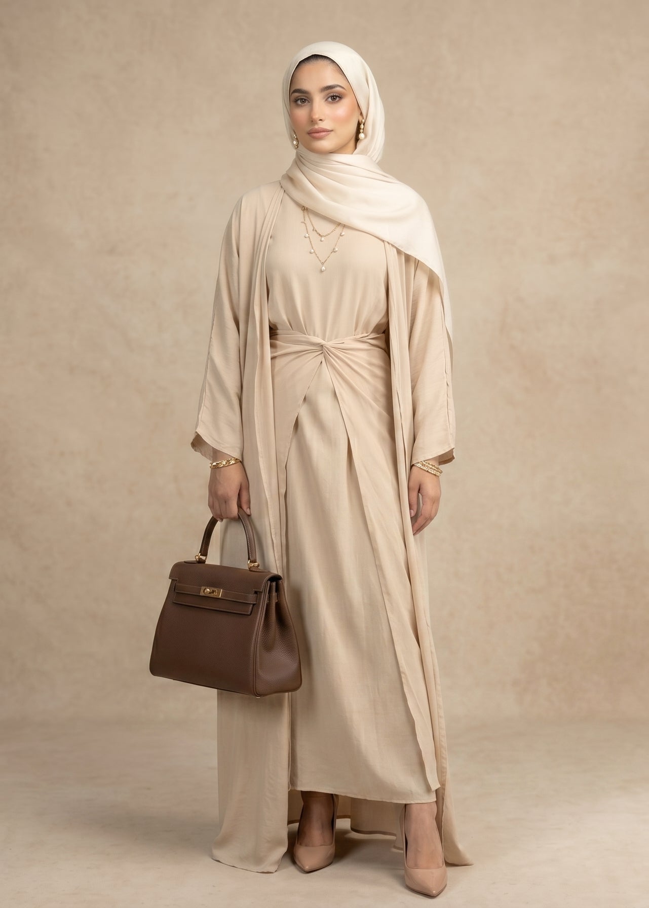 The Amber Three-Piece Abaya Set - Beige