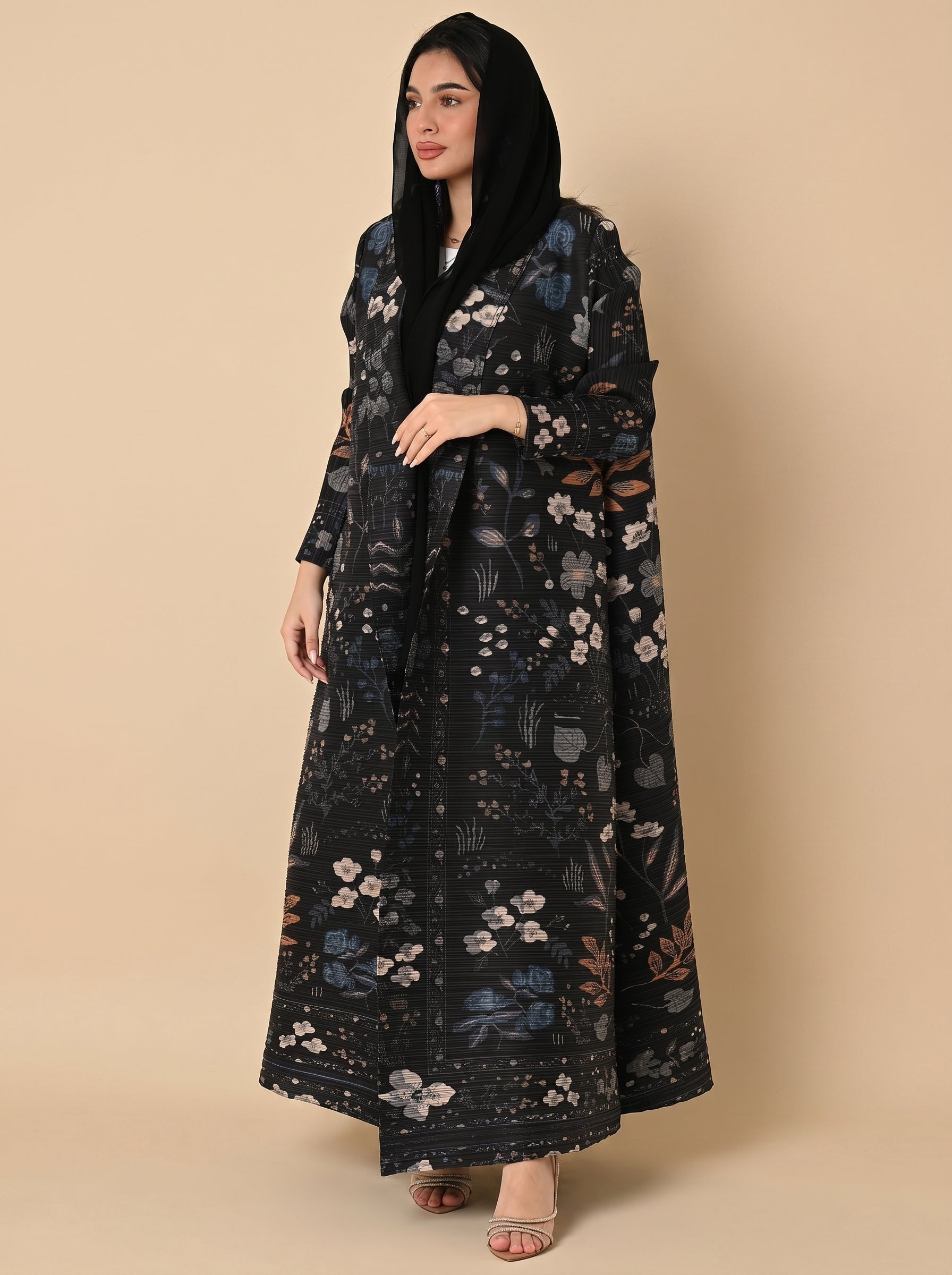 The Nocturne Flora Abaya - Deep Indigo & Moonwashed Petals