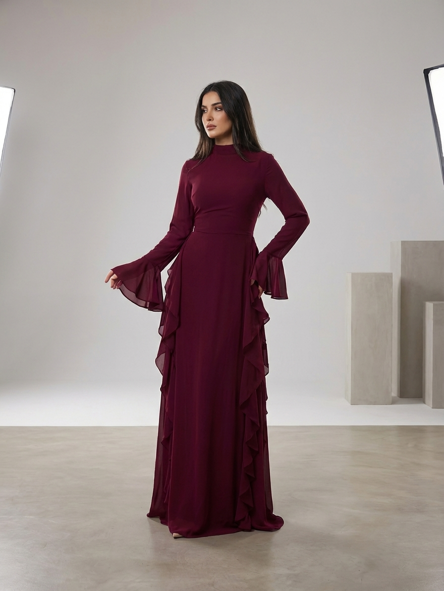 Sahar Ruffle Maxi Gown - Burgundy