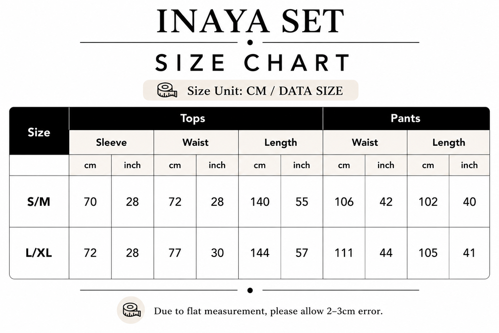 A size chart table for the INAYA SET, showing measurements in centimeters and inches for tops and pants across S/M and L/XL sizes.