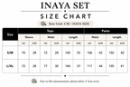 A size chart table for the INAYA SET, showing measurements in centimeters and inches for tops and pants across S/M and L/XL sizes.