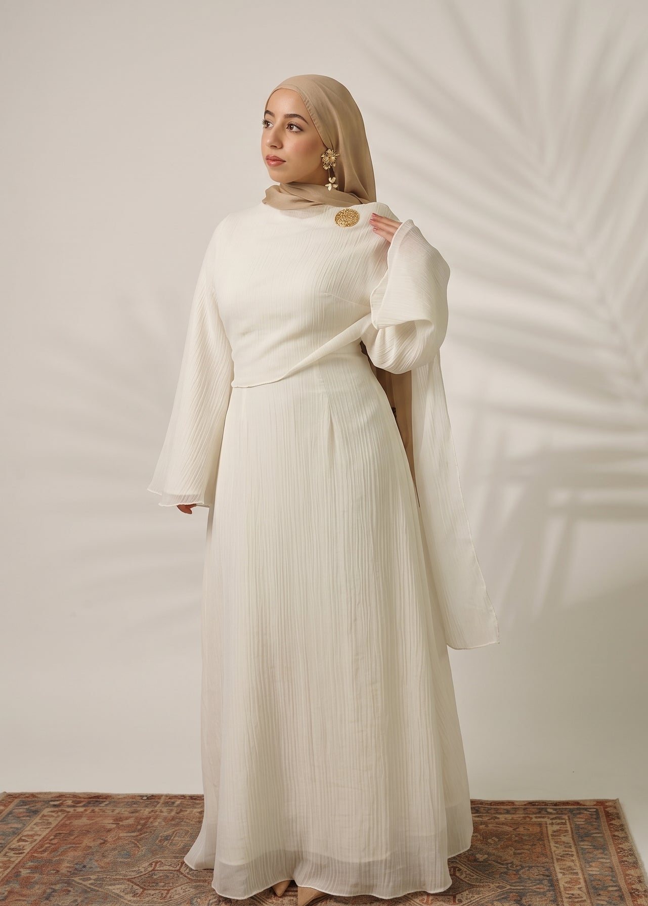 Aurelia Shawl Textured Overlay Modest Dress - White