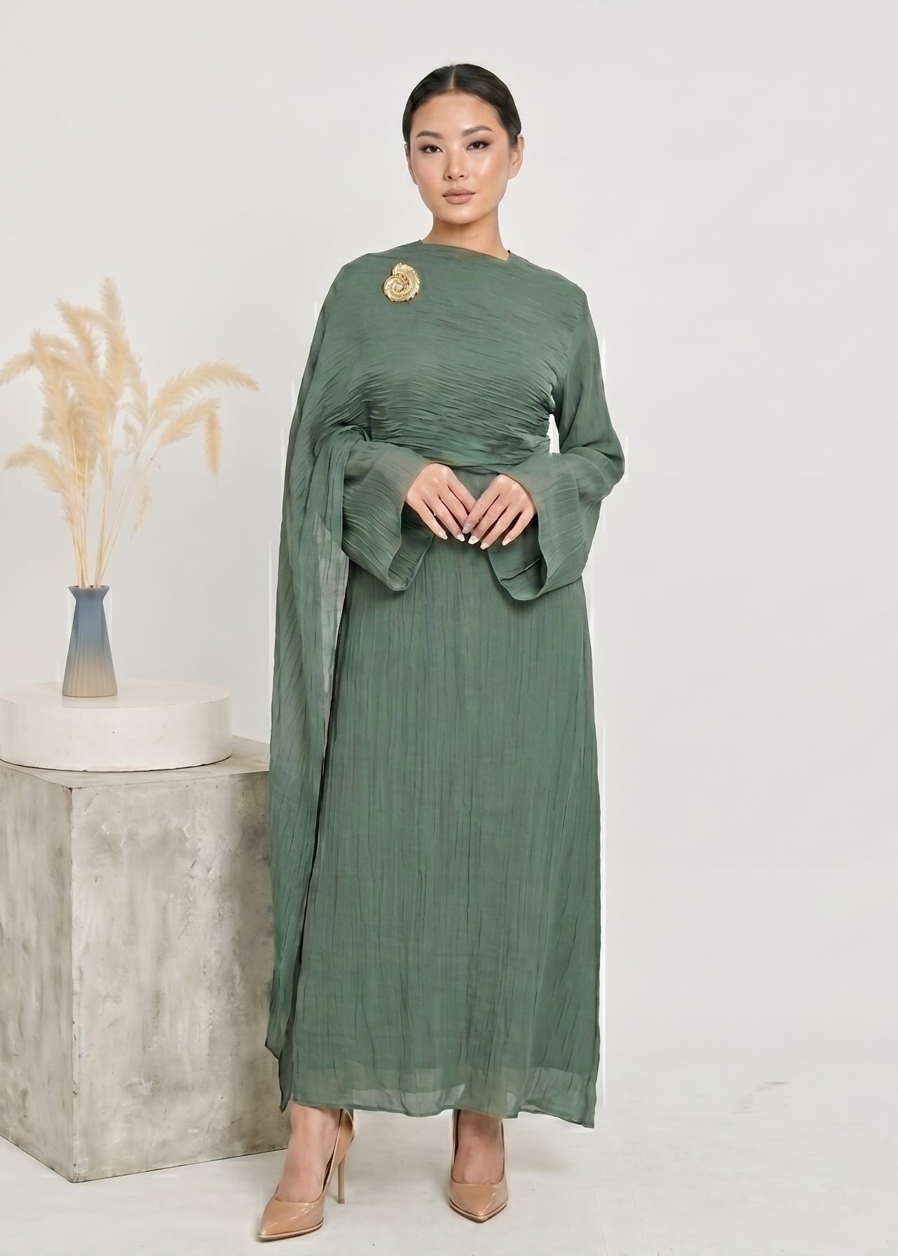 Aurelia Shawl Textured Overlay Modest Dress - Teal
