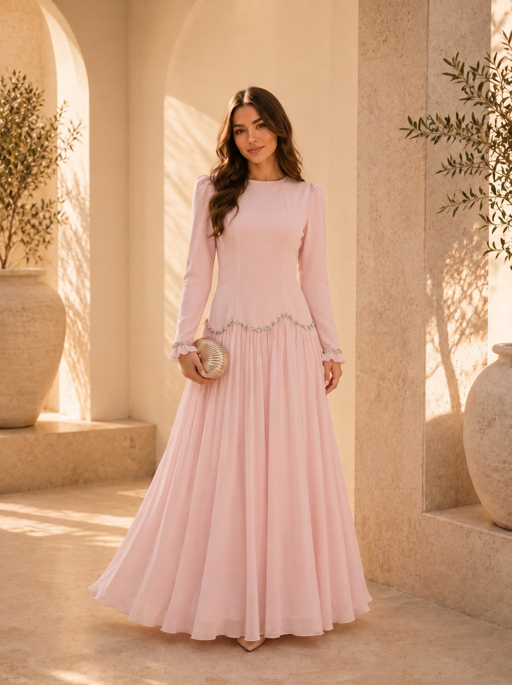 Woman in a pink dress standing in a sunlit outdoor setting with architectural elements.