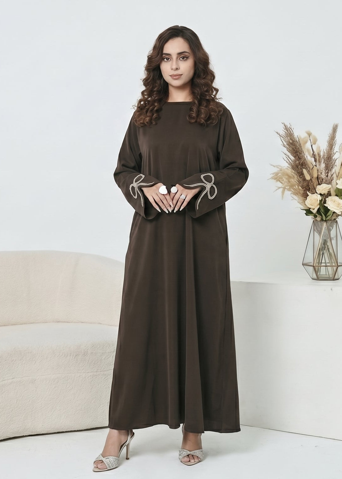 Zaina Crystal Bow Abaya - Dark Coffee Brown