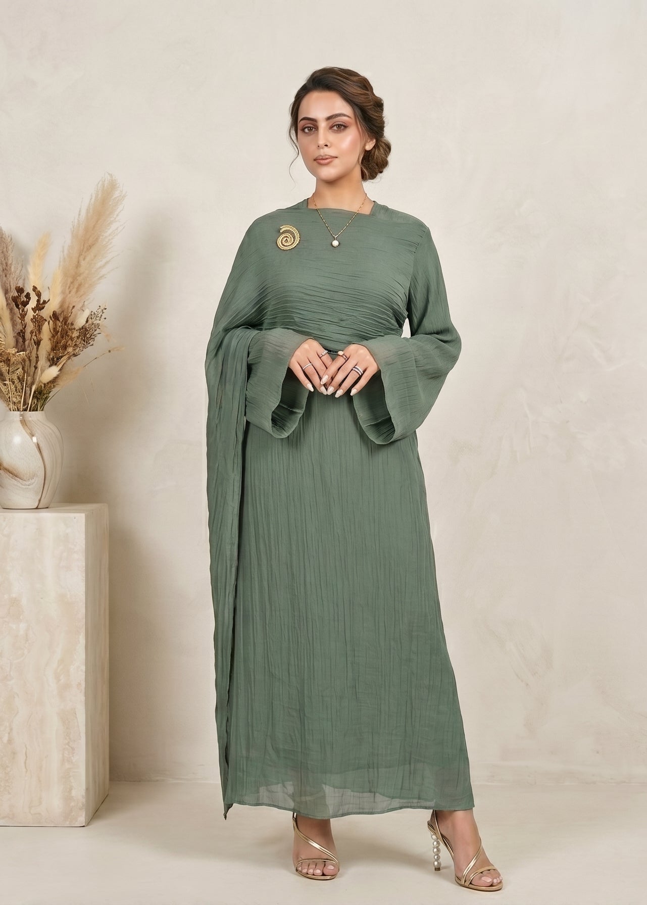 Aurelia Shawl Textured Overlay Modest Dress - Teal
