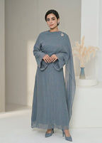 Aurelia Shawl Textured Overlay Modest Dress - Misty Blue