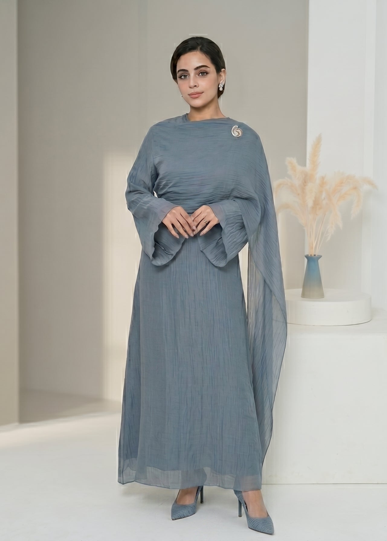 Aurelia Shawl Textured Overlay Modest Dress - Misty Blue