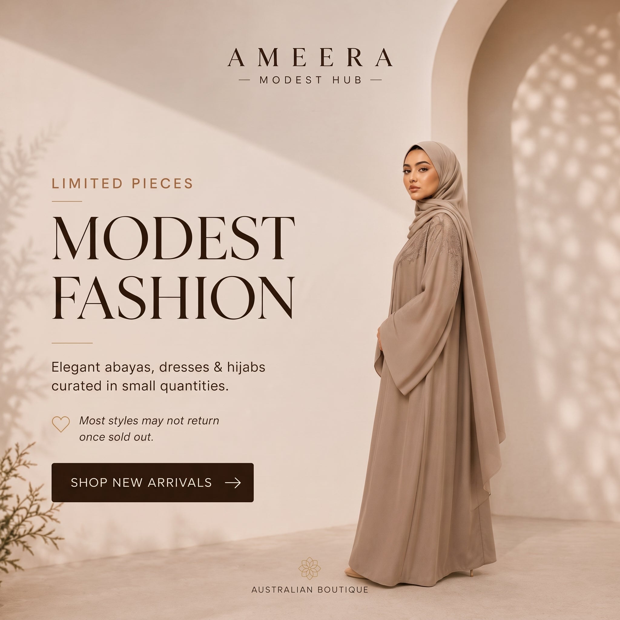 Woman wearing a beige abaya with 'Ameera Modest Hub' branding and text about modest fashion.