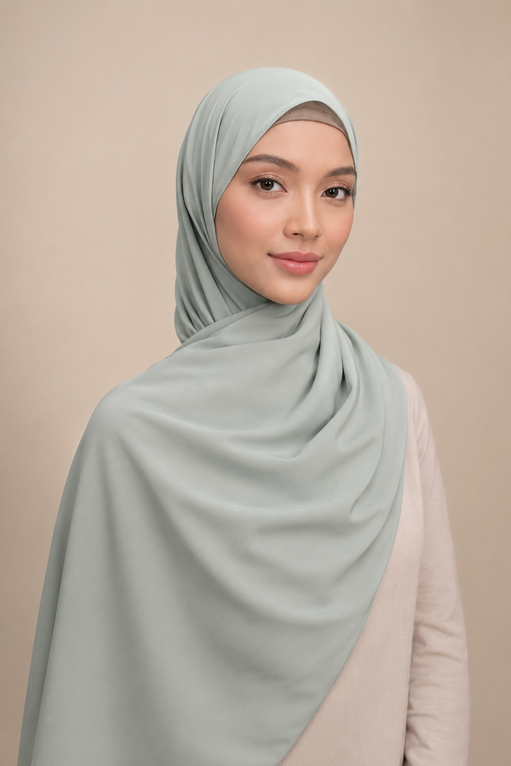 Model wearing draped Mint Green Premium Medina Silk Hijab showing smooth opaque crepe texture