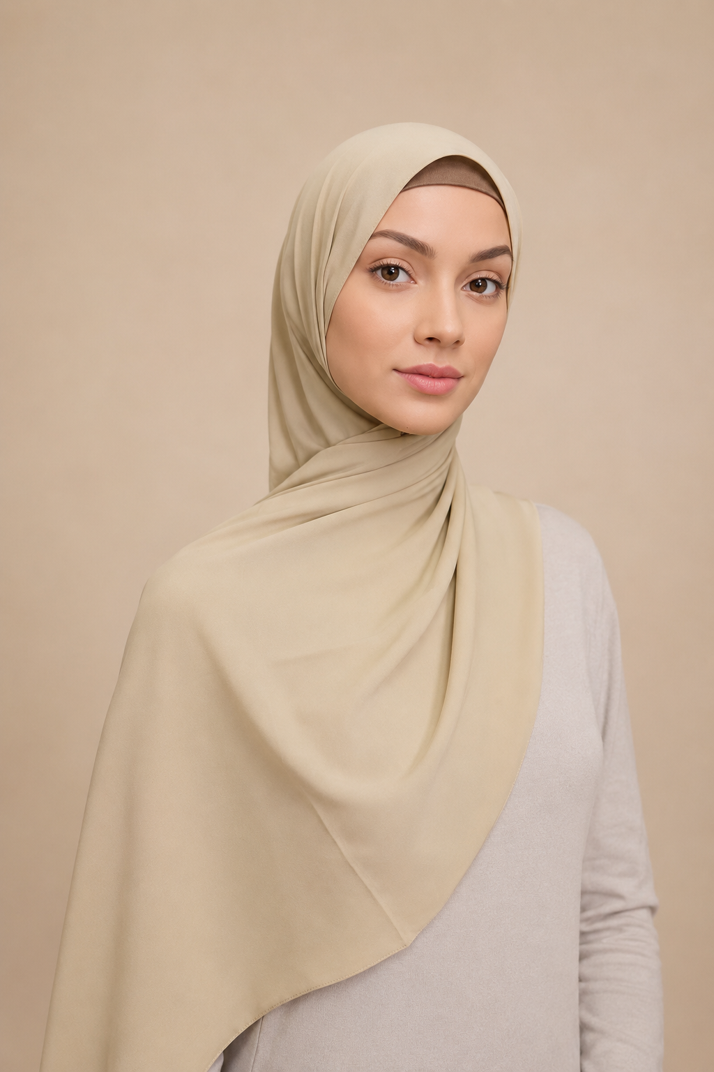 Model wearing draped Sand Premium Medina Silk Hijab showing smooth opaque crepe texture