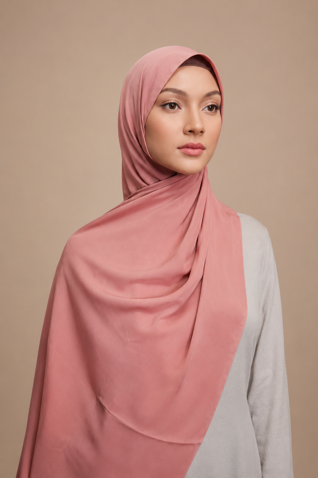 Model wearing draped Dusty Rose Premium Medina Silk Hijab showing smooth opaque crepe texture