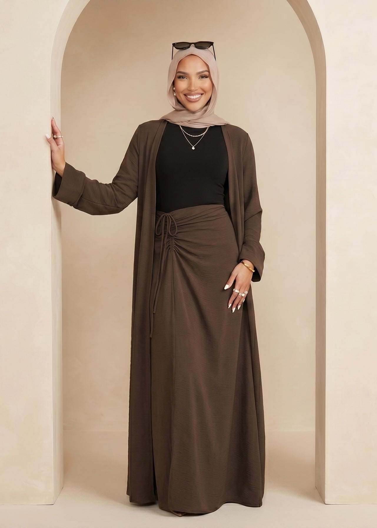 The Pearl Two-Piece Modest Kimono & Maxi Skirt Set - Mocha