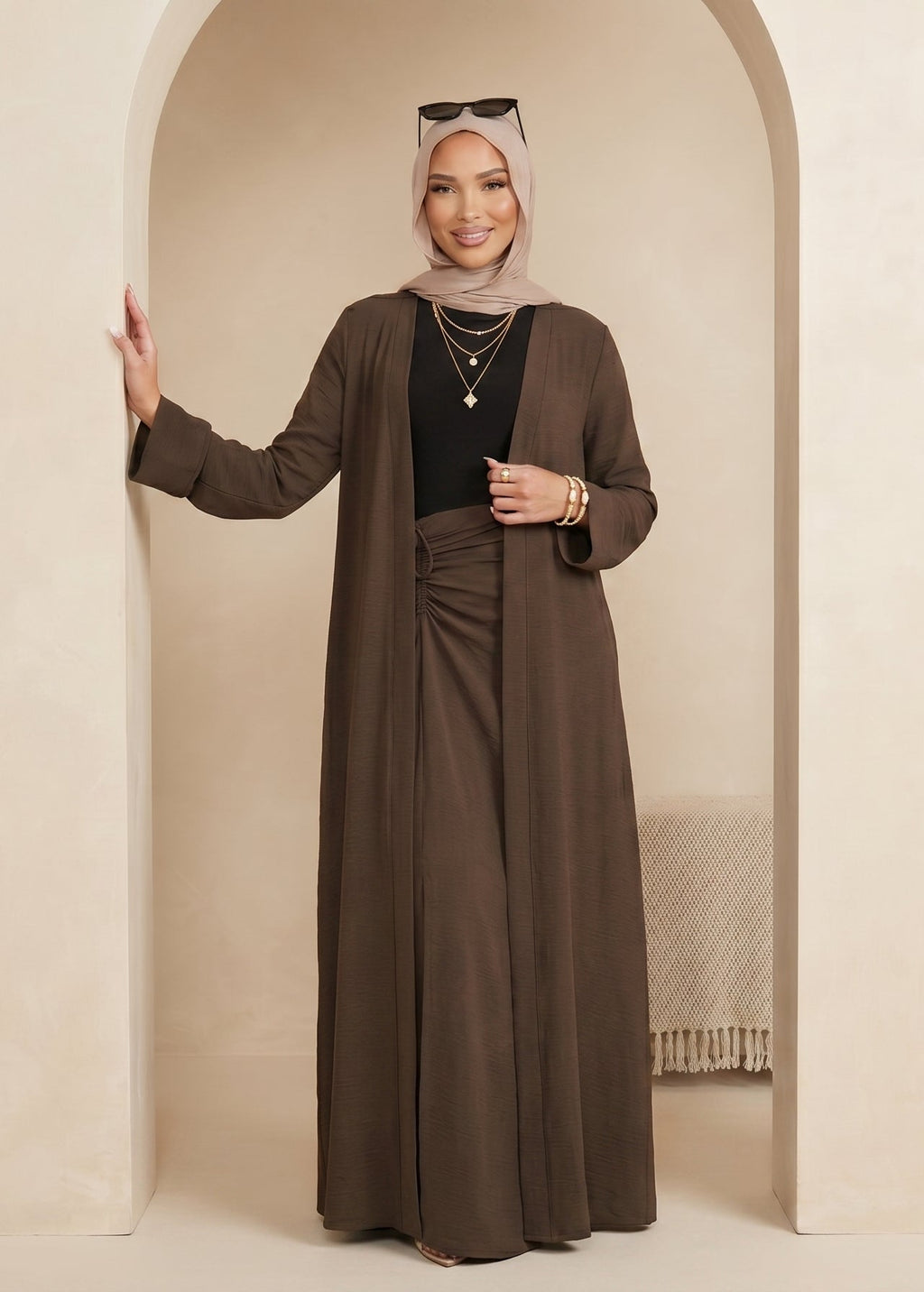 The Pearl Two-Piece Modest Kimono & Maxi Skirt Set - Mocha