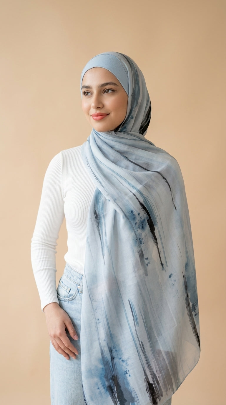 Aqua Teal Printed Modal Watermark Ombre Hijab