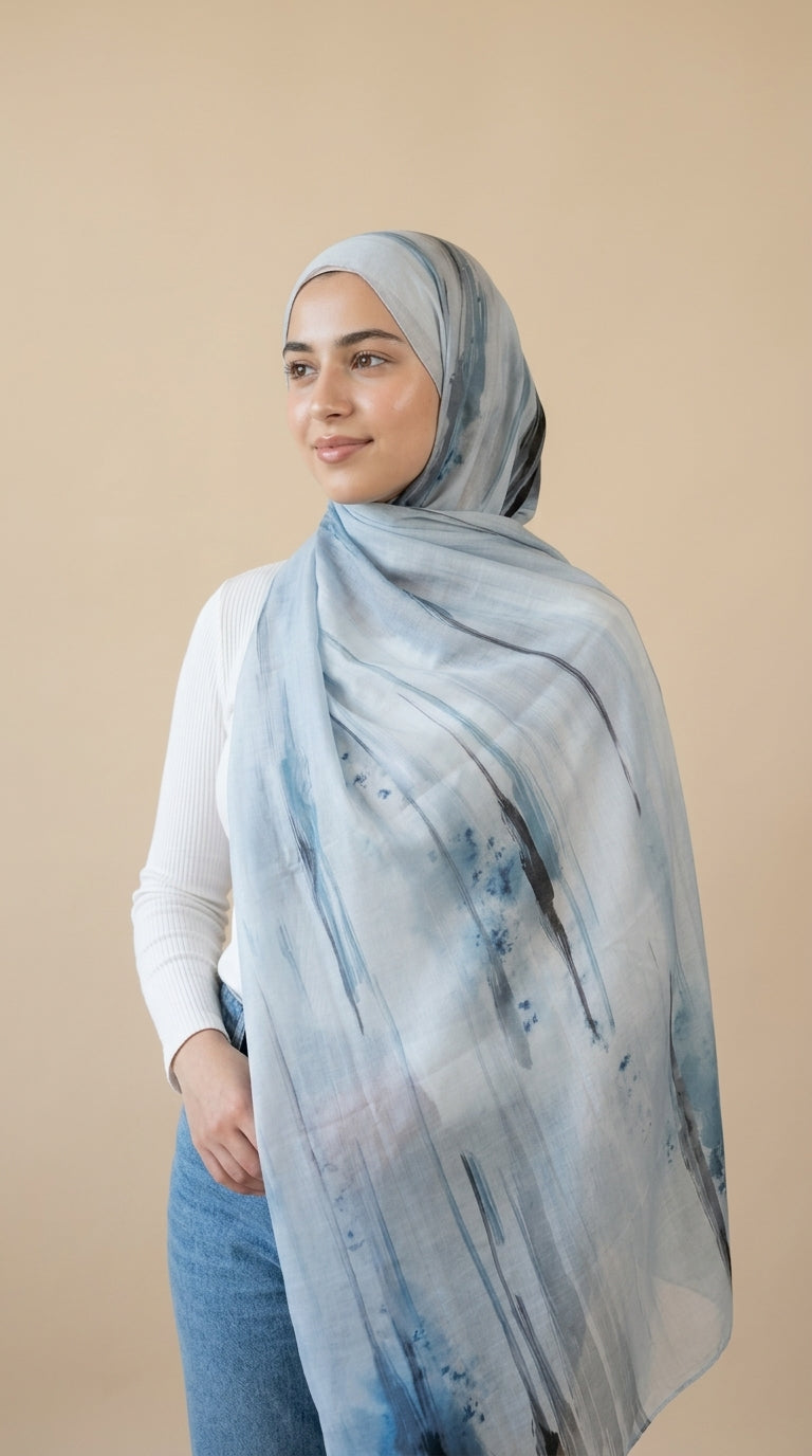 Aqua Teal Printed Modal Watermark Ombre Hijab