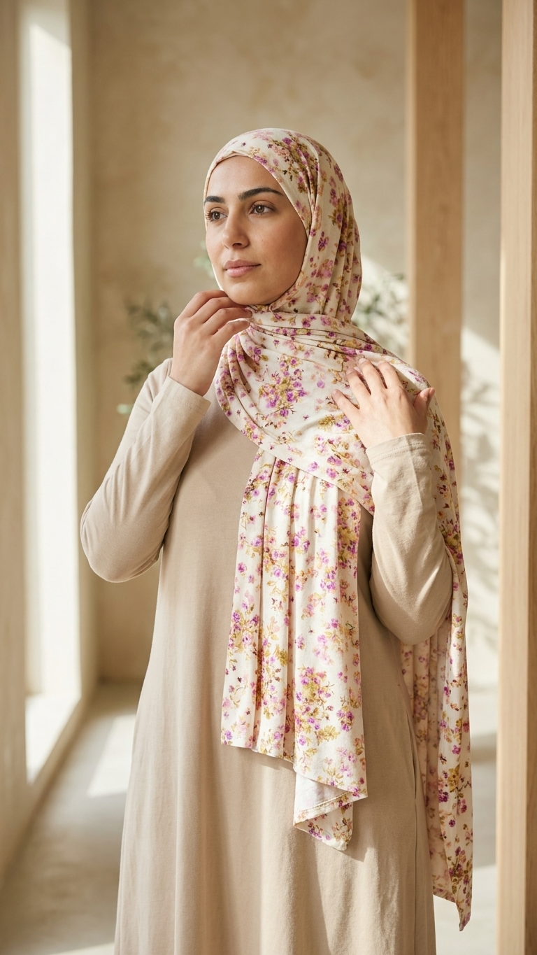 Pink Flower Printed Jersey Hijab