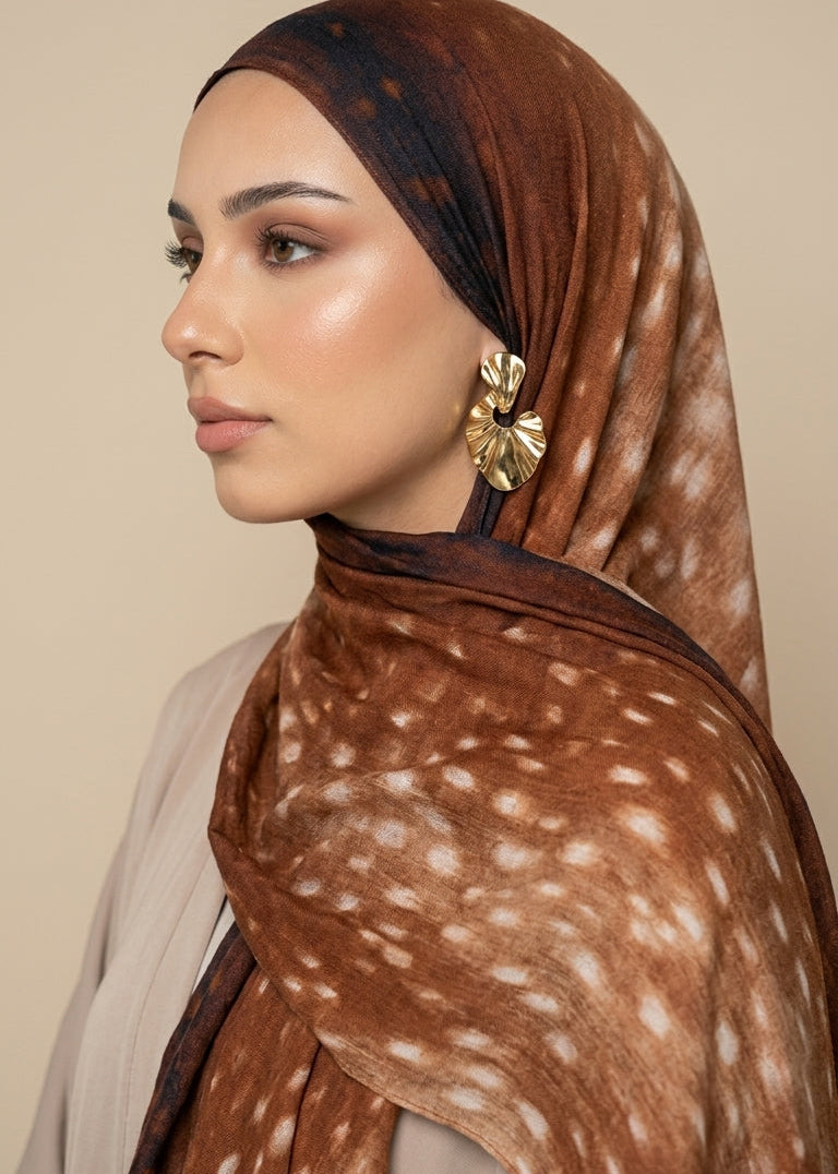 Woman wearing a brown patterned hijab and gold earrings against a beige background