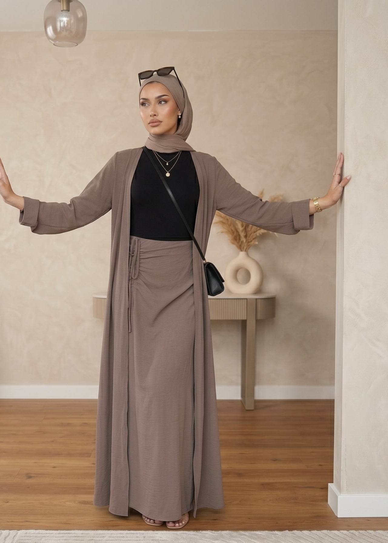 The Pearl Two-Piece Modest Kimono & Maxi Skirt Set - Rose Taupe