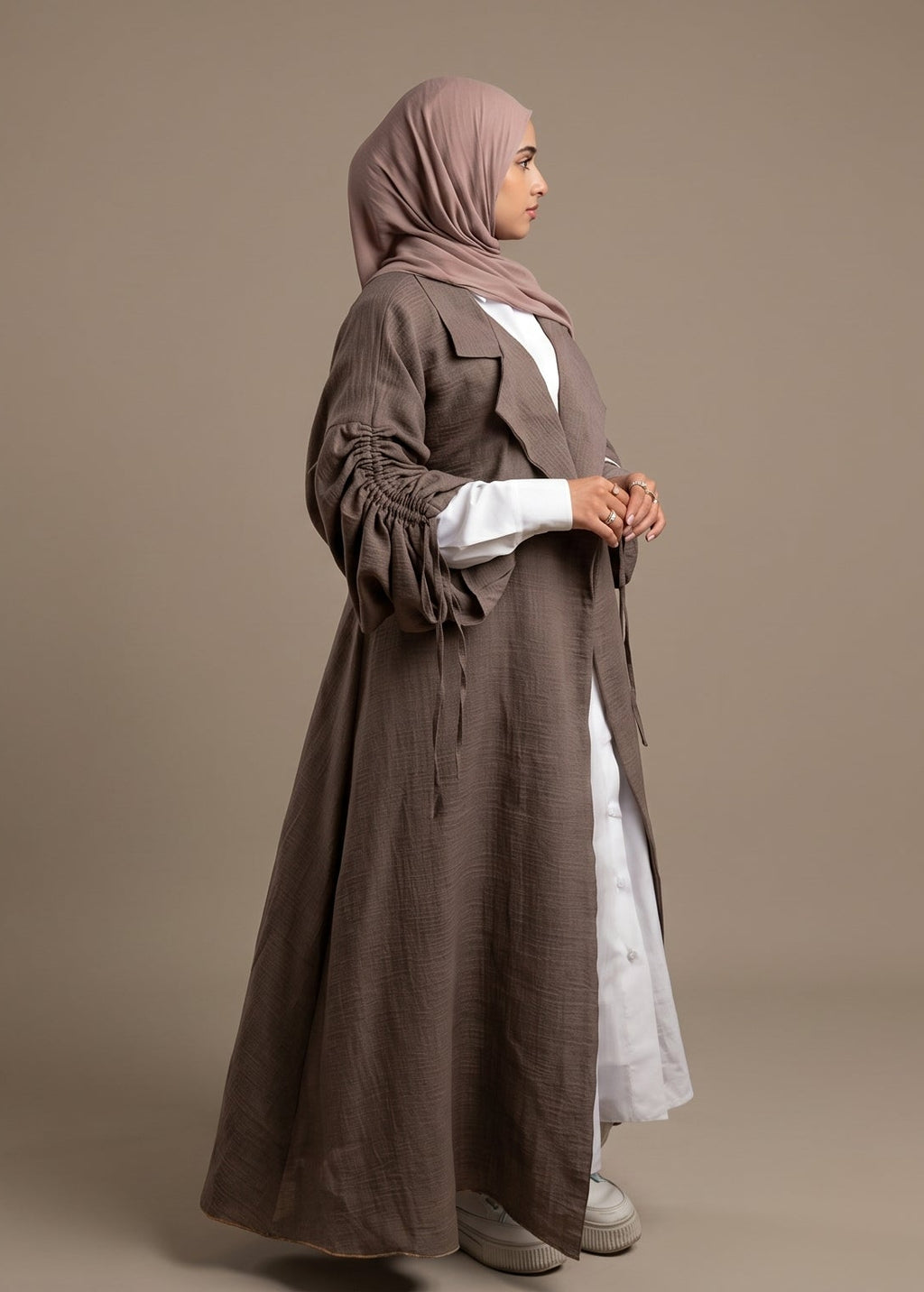 Nourani Drawstring Sleeve Kimono Abaya – Soft Mocha
