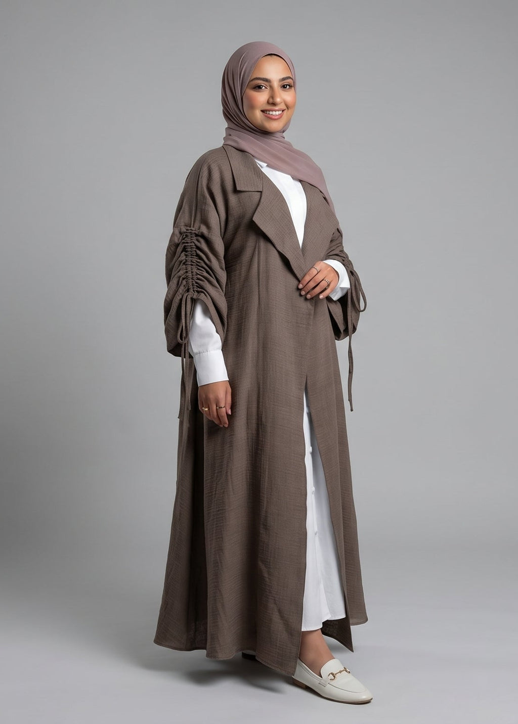 Nourani Drawstring Sleeve Kimono Abaya – Soft Mocha