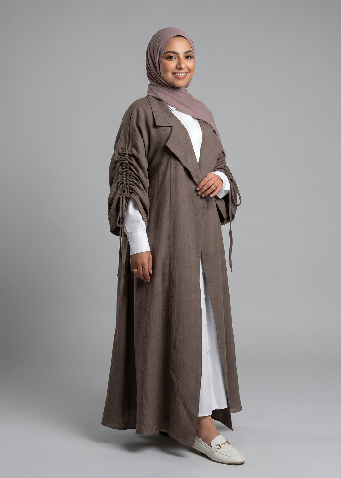 Nourani Drawstring Sleeve Kimono Abaya – Soft Mocha