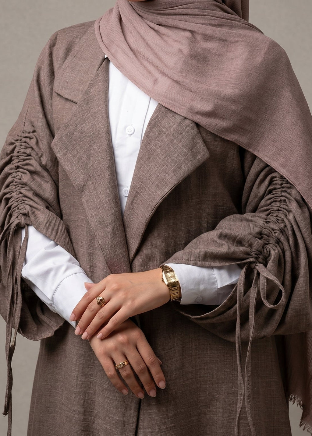 Nourani Drawstring Sleeve Kimono Abaya – Soft Mocha