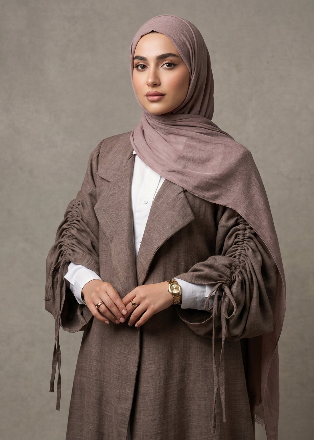 Nourani Drawstring Sleeve Kimono Abaya – Soft Mocha