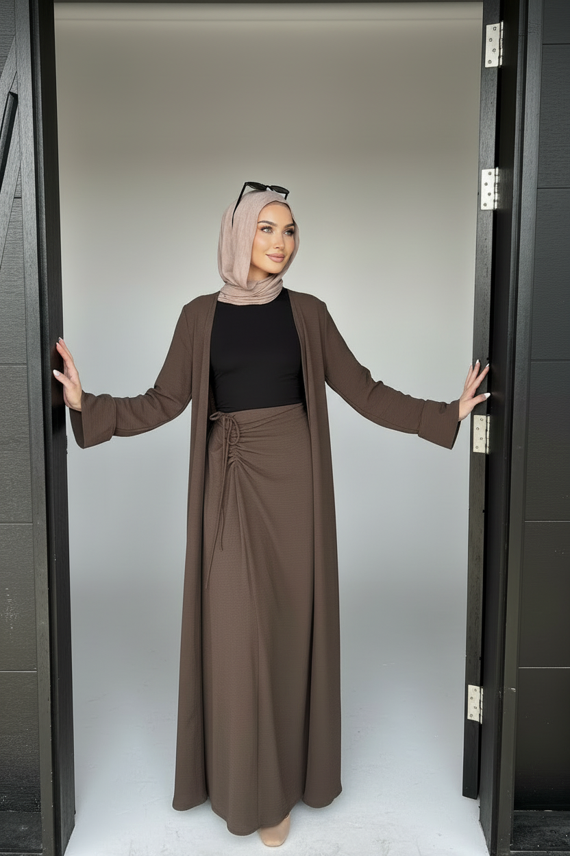 The Pearl Two-Piece Modest Kimono & Maxi Skirt Set - Mocha