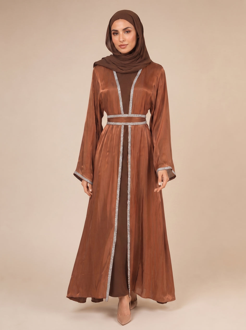 Salamah Lace Embellished Dubai Abaya Set – Coffee