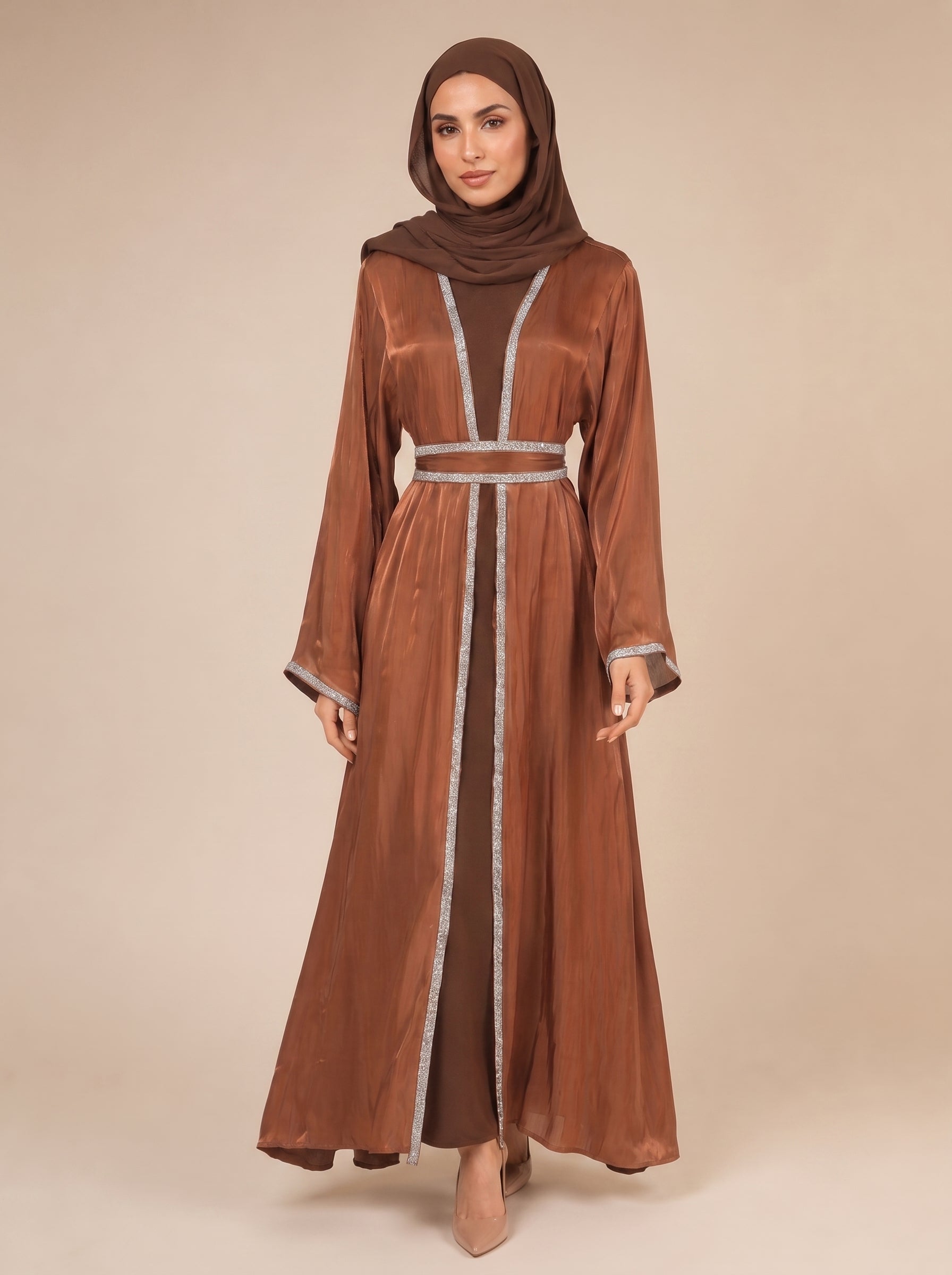 Salamah Lace Embellished Dubai Abaya Set – Coffee