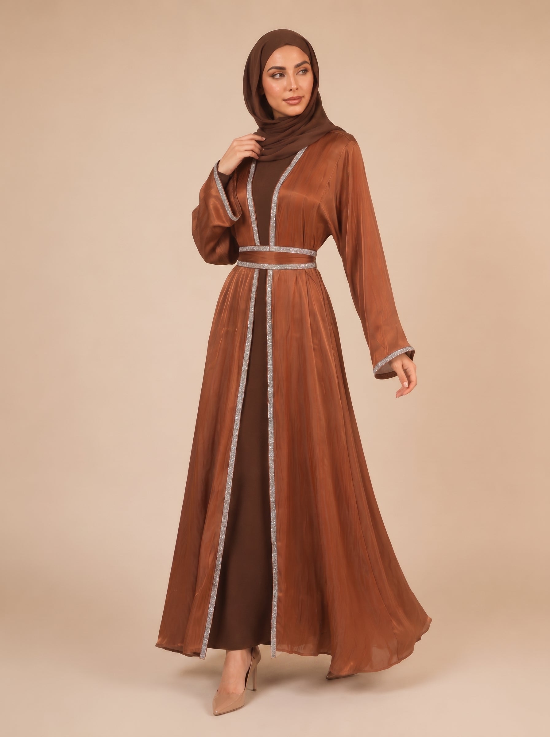 Salamah Lace Embellished Dubai Abaya Set – Coffee