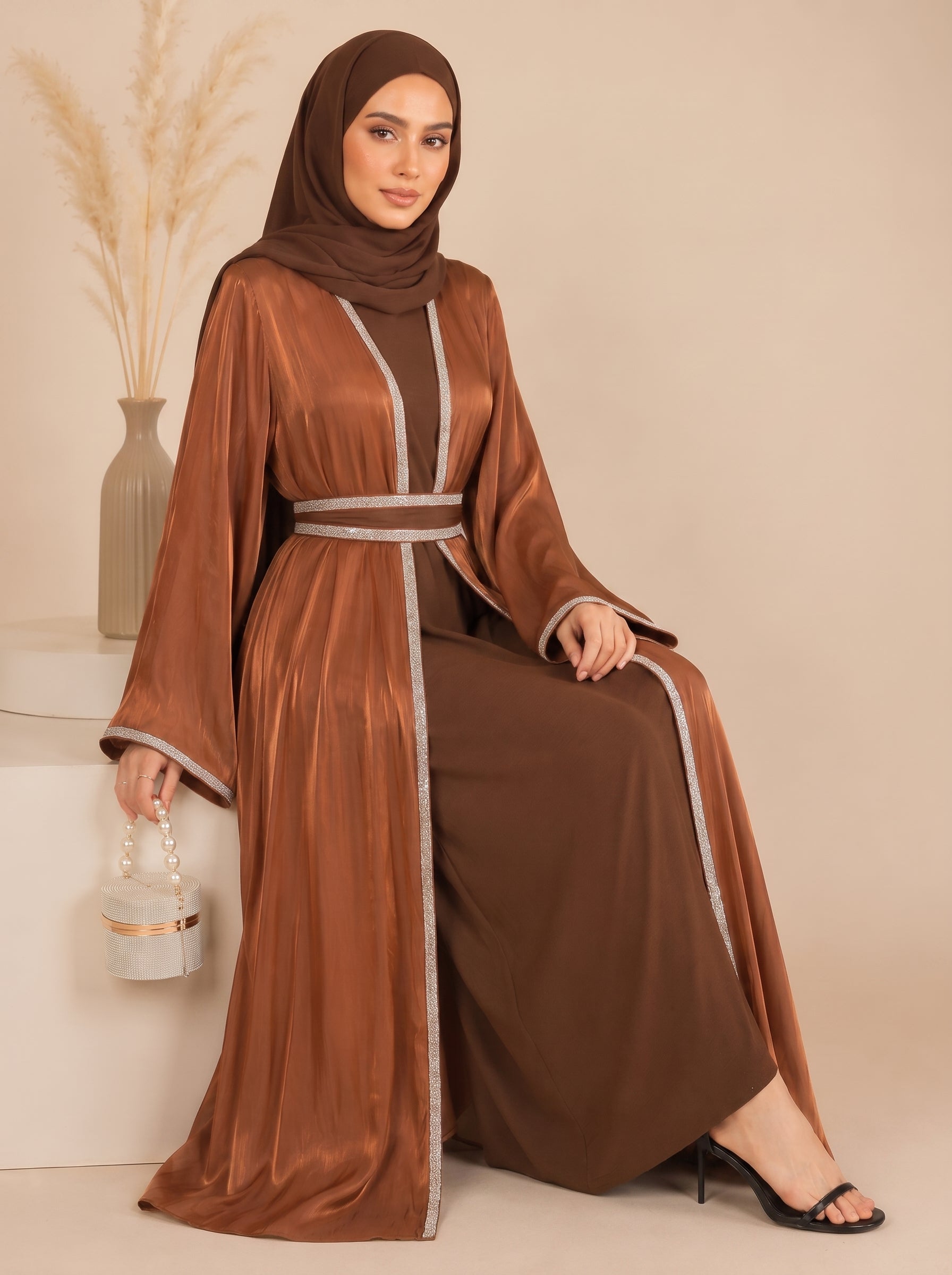 Salamah Lace Embellished Dubai Abaya Set – Coffee