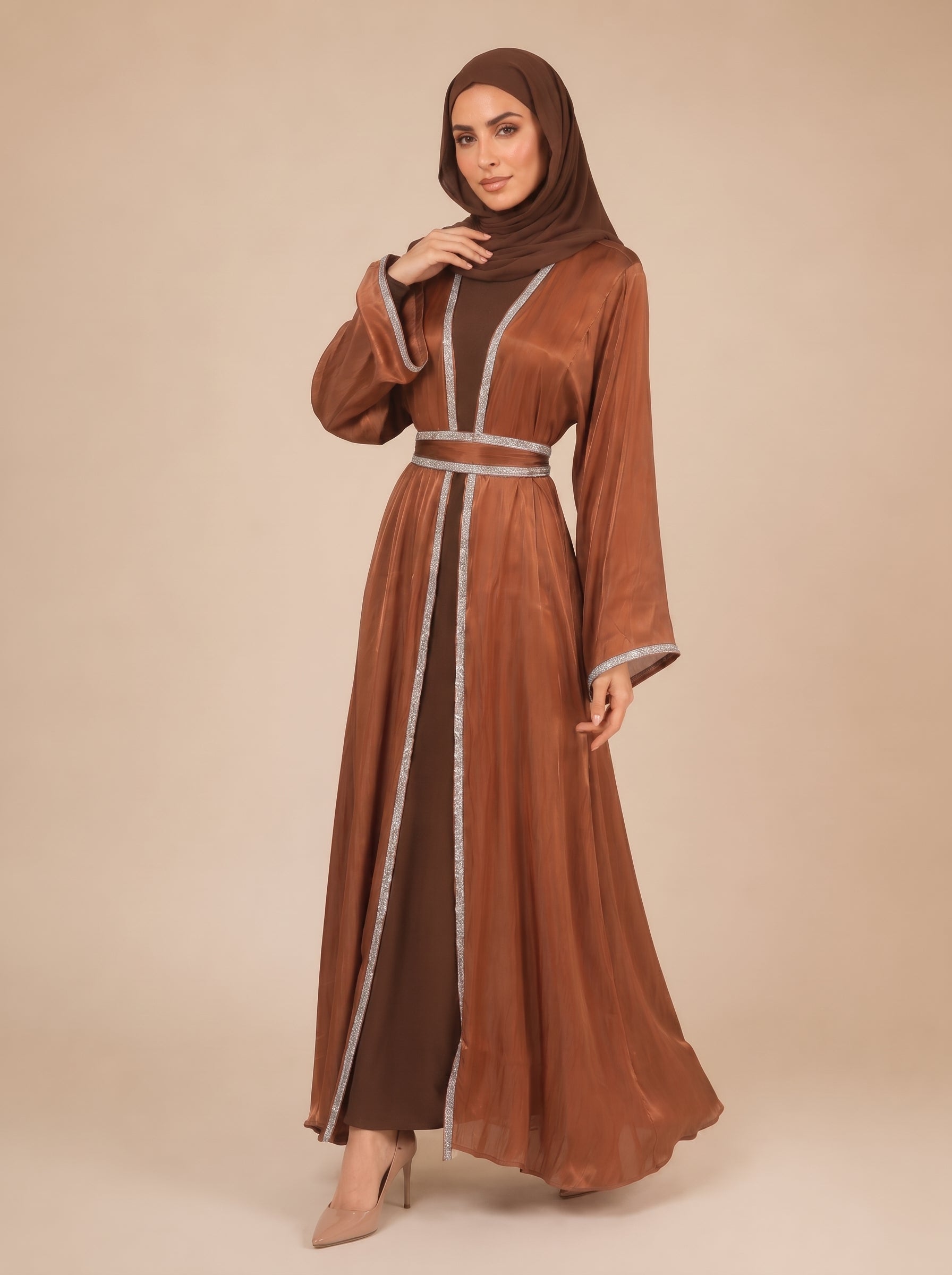 Salamah Lace Embellished Dubai Abaya Set – Coffee